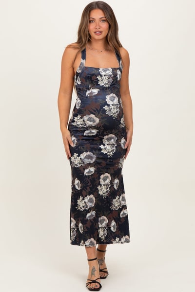 PinkBlush Black Lace Up Back Maternity Midi Dress