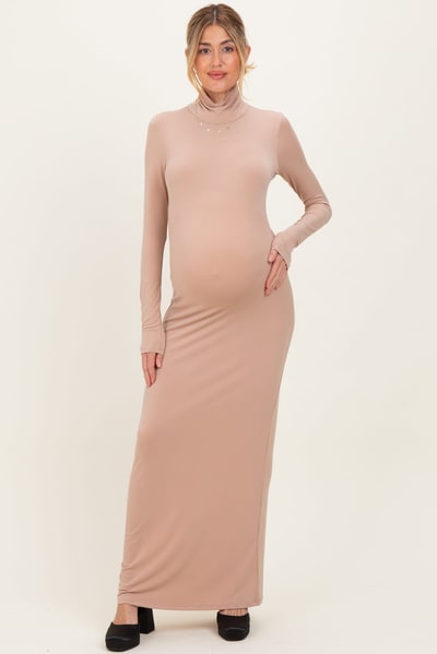 PinkBlush Beige Turtleneck Long Sleeve Maternity Maxi Dress