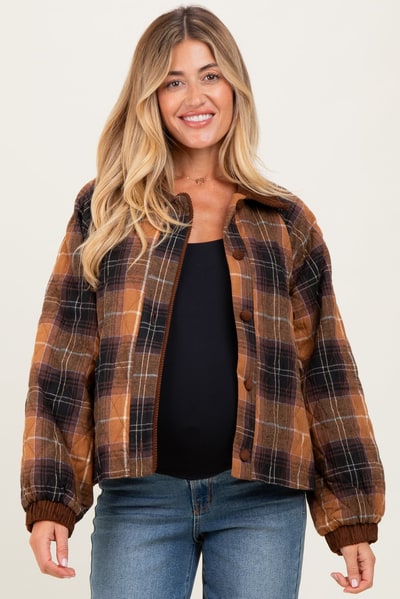 PinkBlush Brown Plaid Quilted Corduroy Contrast Maternity Jacket