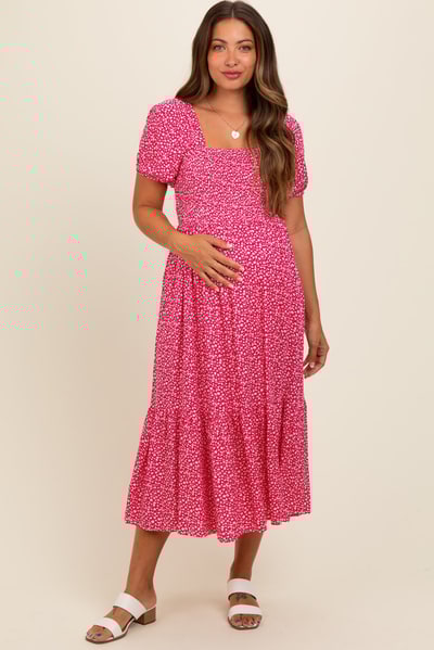 PinkBlush Coral Floral Smocked Ruffle Hem Maternity Midi Dress