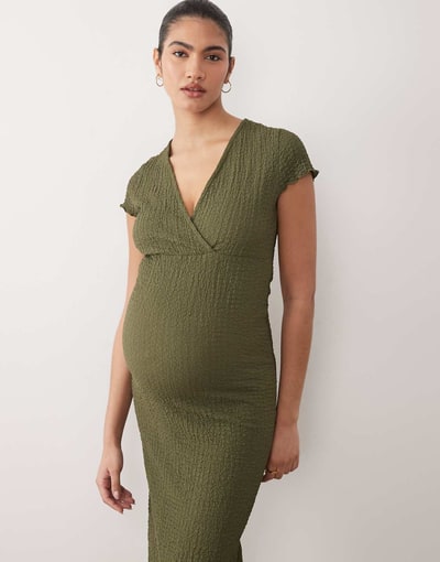 ASOS Mamalicious Maternity textured cap sleeve V-neck 2-function nursing midi dress in dark khaki