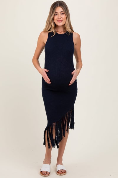 PinkBlush Navy Ribbed Knit Fringe Asymmetrical Hem Maternity Dress