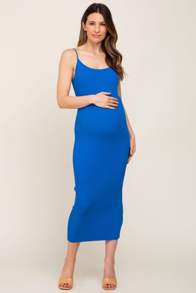 PinkBlush Royal Blue Ribbed Cutout Back Maternity Midi Dress