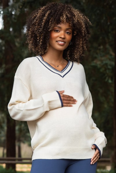 PinkBlush Cream Contrast Detail V-Neck Maternity Sweater