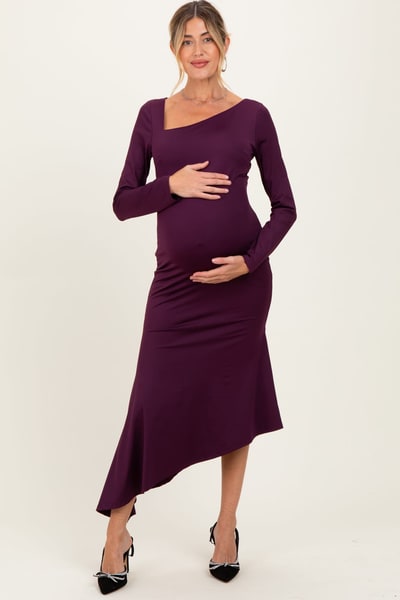 PinkBlush Plum Asymmetric Hem Maternity Midi Dress