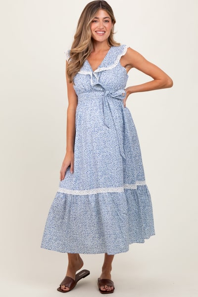 PinkBlush Light Blue Ruffled Floral Cotton Maternity Maxi Dress