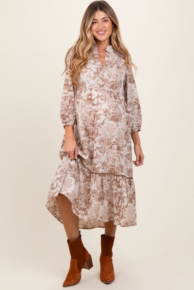 PinkBlush Brown Printed Split Ruffle Collar Maternity Midi Dress