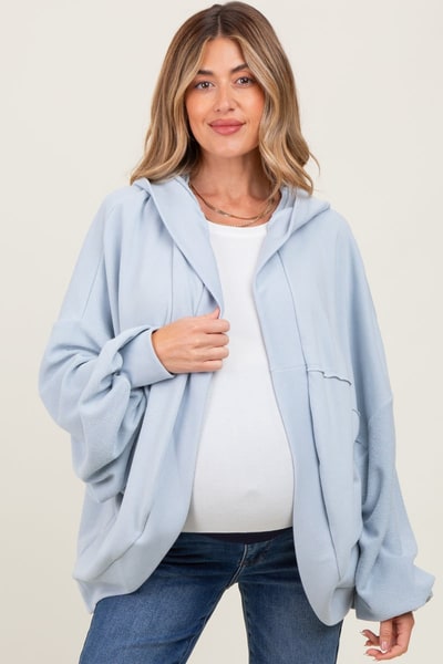 PinkBlush Light Blue Solid Terry Long Dolam Sleeve Vintage Maternity Hoodie