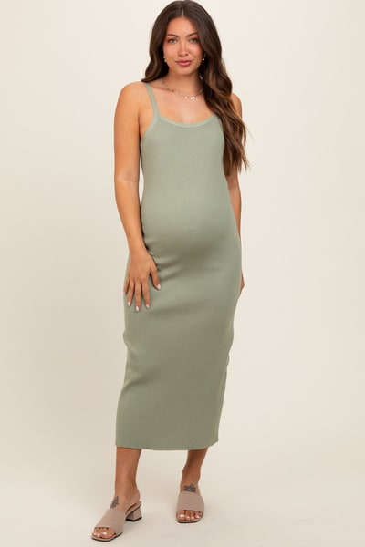 PinkBlush Light Olive Knit Open Tie Back Maternity Midi Dress