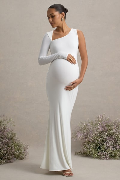 Club L London Oh Baby | White Maternity One Shoulder Bodycon Maxi Dress