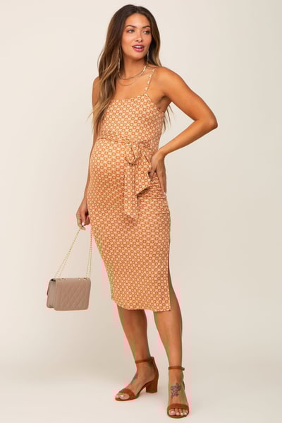 PinkBlush Camel Tile Print Front Tie Side Slit Maternity Midi Dress