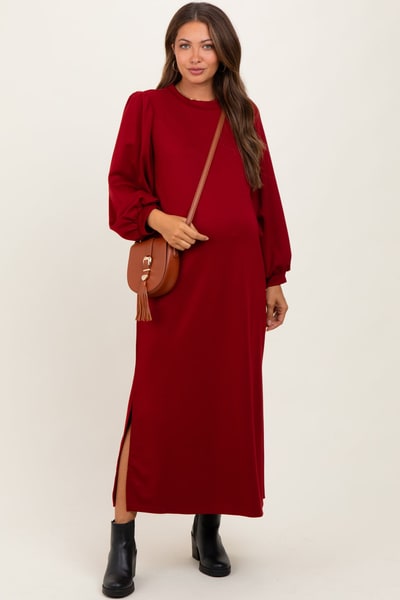 PinkBlush Burgundy Side Slit Detail Solid Maternity Midi Dress