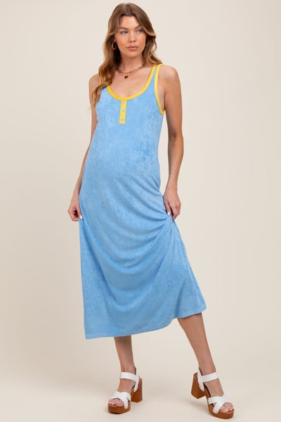 PinkBlush Light Blue Contrast Trim Terry Knit Sleeveless Maternity Dress