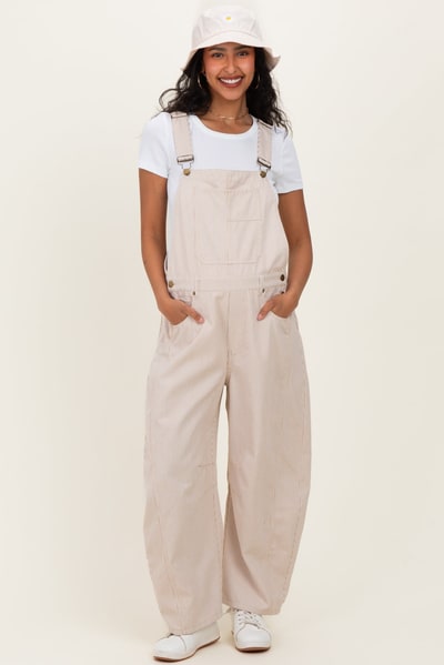 PinkBlush Taupe Pinstriped Barrel-Leg Maternity Overalls