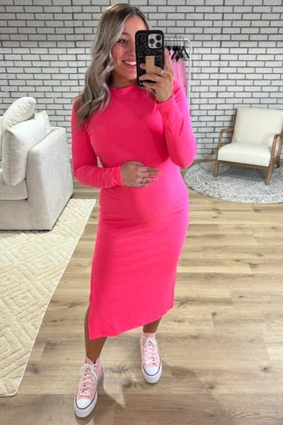 PinkBlush Pink Ribbed Mock Neck Long Sleeve Maternity Midi Dress