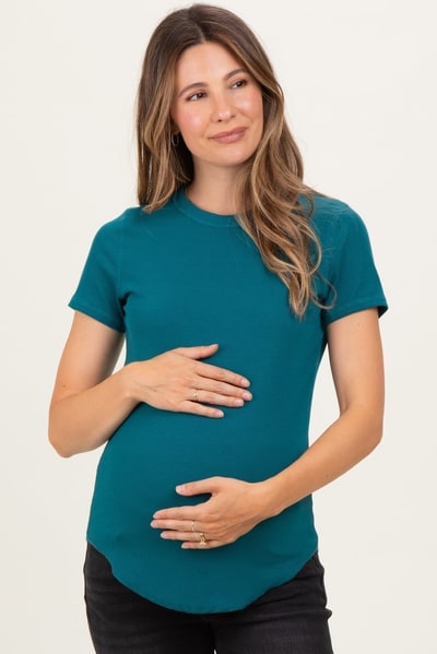 PinkBlush Teal Ribbed Short Sleeve Curved Hem Maternity Top