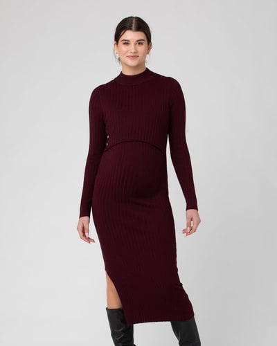 Ripe Maternity Nella Rib Nursing Knit Dress  Maroon