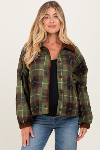 PinkBlush Olive Plaid Quilted Corduroy Contrast Maternity Jacket