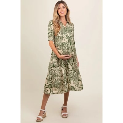 Target Pinkblush Olive Floral Collared Tiered Maternity Midi Dress Small