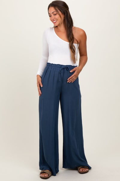 PinkBlush Navy Ruffled Drawstring Waist Wide Leg Maternity Pants
