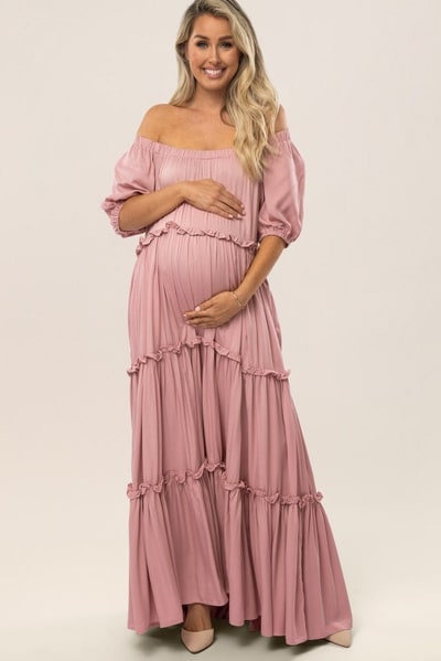 PinkBlush Mauve Off Shoulder Ruffle Tiered Maternity Maxi Dress