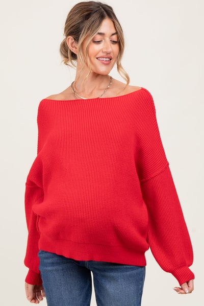 PinkBlush Red Balloon Sleeve Boat Neck Knit Maternity Sweater