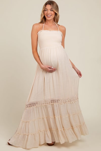 PinkBlush Cream Smocked Open Back Maternity Maxi Dress