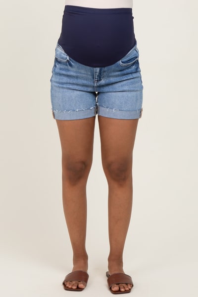 PinkBlush Blue Raw Cut Hem Cuffed Maternity Jean Shorts