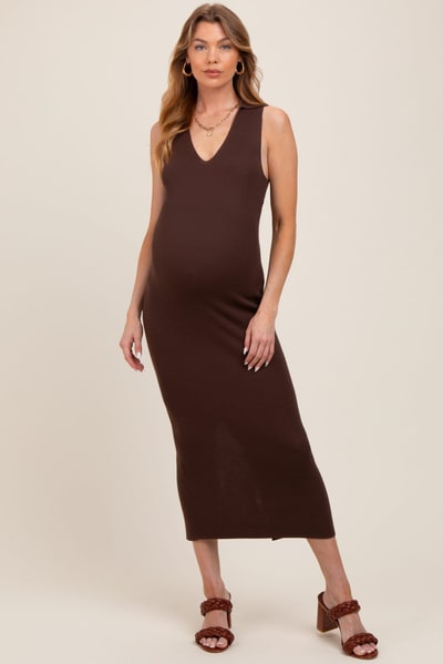 PinkBlush Brown Knit Collared Deep V-Neck Maternity Maxi Dress