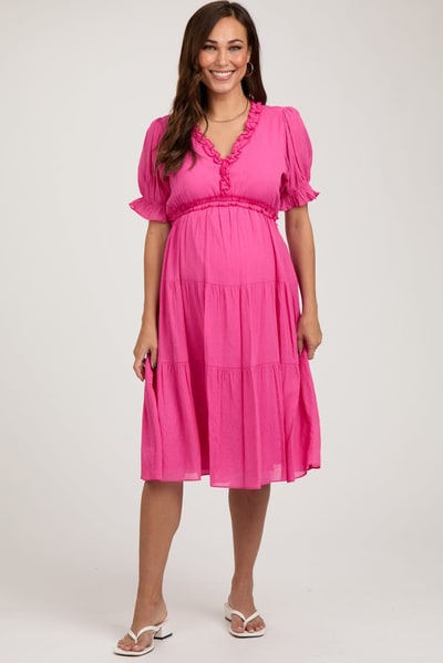 PinkBlush Fuchsia Ruffle Trim Tiered Maternity Dress