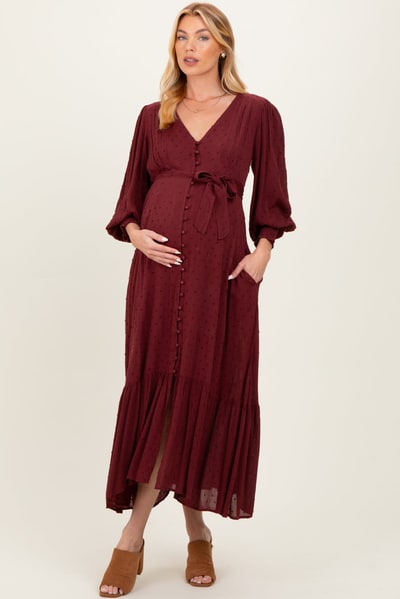 PinkBlush Burgundy Swiss Dot Button Down Maternity Maxi Dress