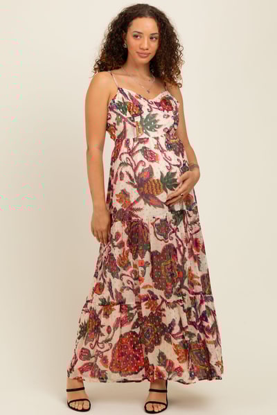 PinkBlush Cream Floral Back Cutout Tie Back Maternity Maxi Dress