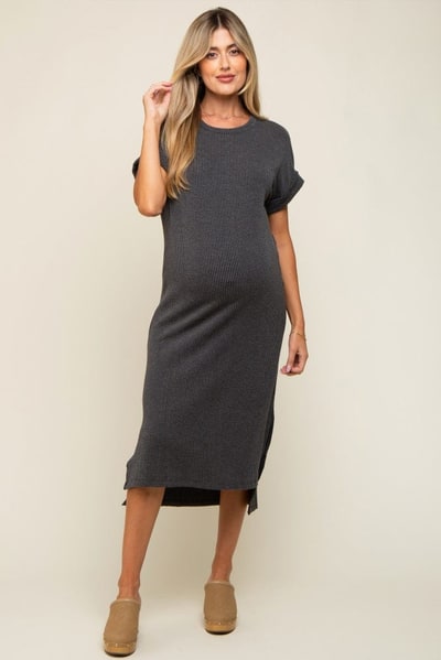 PinkBlush Charcoal Ribbed Short Sleeve Maternity Midi Dress