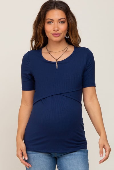 PinkBlush Navy Blue Ribbed Wrap Front Maternity/Nursing Top