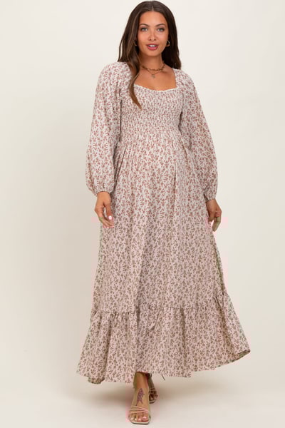 PinkBlush Pink Floral Smocked Lace Trim Sweetheart Maternity Maxi Dress