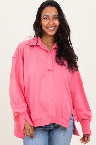 PinkBlush Bright Pink Snap Button Pullover Henley Maternity Sweatshirt