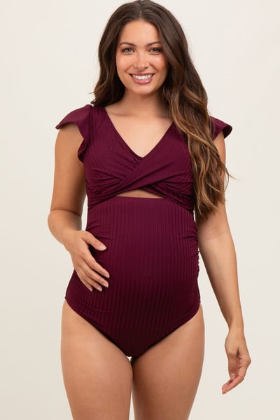 PinkBlush Plum Ribbed Ruched Cutout Flutter One Piece Maternity Swimsuit