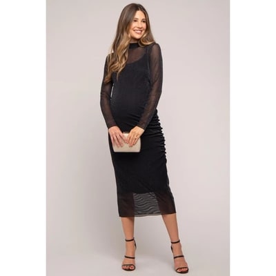 Target Pinkblush Black Shimmer Mesh Long Sleeve Ruched Maternity Midi Dress Small