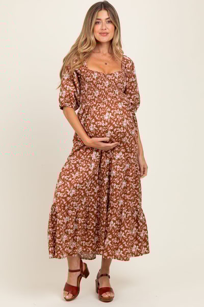 PinkBlush Rust Floral Smocked Puff Sleeve Maternity Maxi Dress