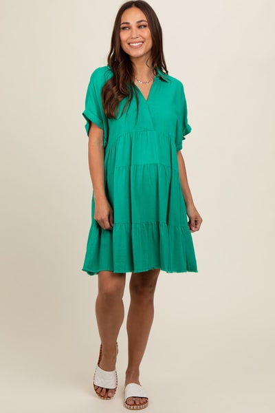 PinkBlush Emerald Green Tiered Linen Maternity Dress
