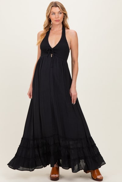 PinkBlush Black Halter Neck Smocked Maternity Maxi Dress