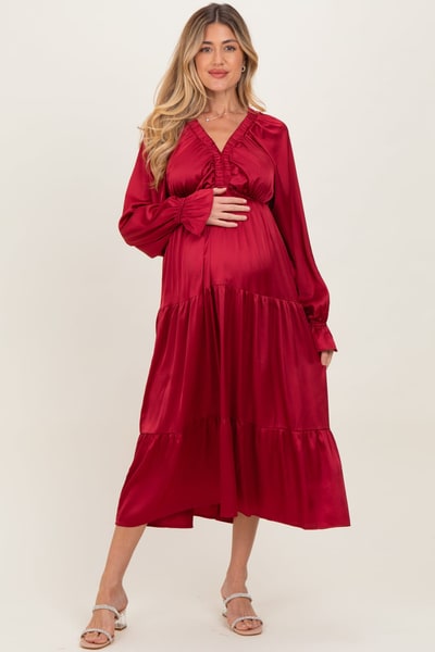 PinkBlush Burgundy Solid V-Neck Satin Long Sleeve Maternity Maxi Dress