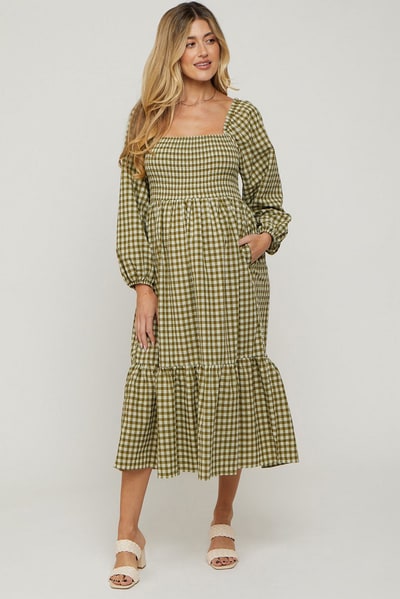 PinkBlush Olive Gingham Long Sleeve Maternity Midi Dress