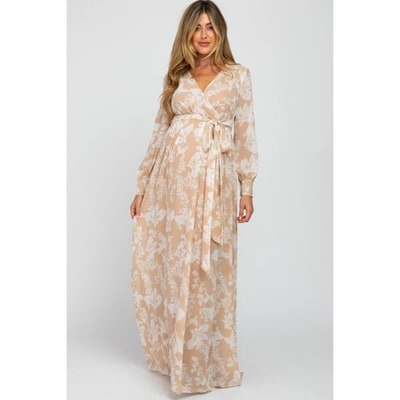 Target PinkBlush Taupe Floral Chiffon Maternity Maxi Dress Taupe Medium