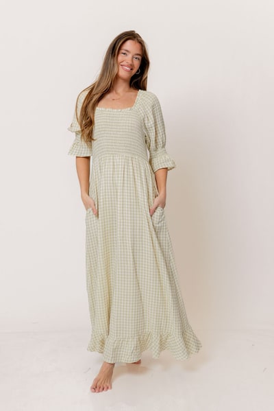 Worth Collective Sienna 100% Cotton Puff Sleeve Maxi Dress in Green Haze Plaid (Lined) - Bump Friendly