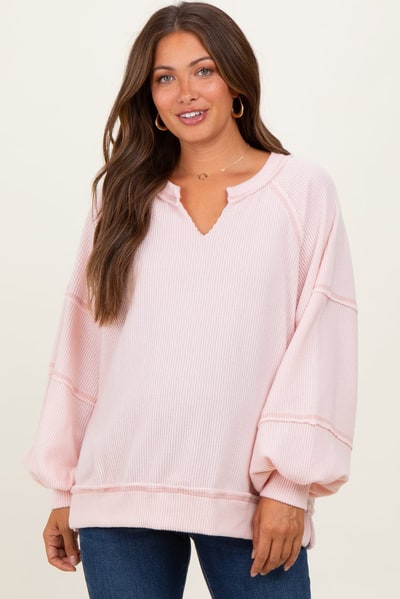 PinkBlush Light Pink Solid Rib Long Sleeve V-Neck Oversized Maternity Tunic Top