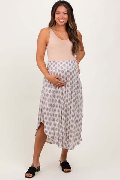 PinkBlush Grey Damask Print Smocked Waistband Maternity Midi Skirt
