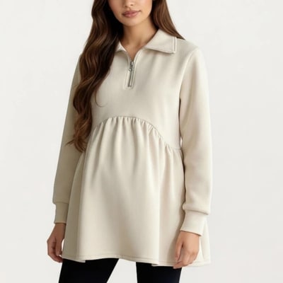 Target Anna-Kaci Women's Maternity Quarter Zip Long Sleeve Top with Fleece Feel Elastic Empire Waist and Relaxed Tunic Silhouette - Medium, Light Beige