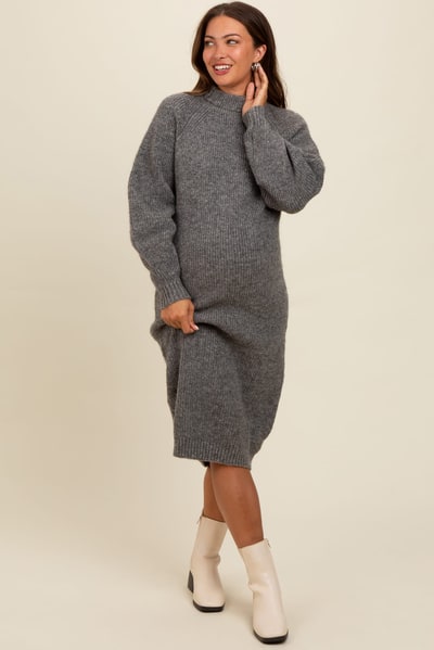 PinkBlush Charcoal Mock Neck Bubble Sleeve Maternity Midi Sweater Dress