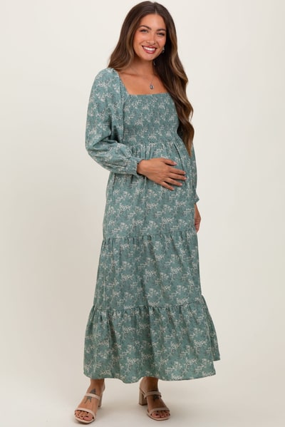 PinkBlush Light Olive Floral Smocked Square Neck Maternity Maxi Dress